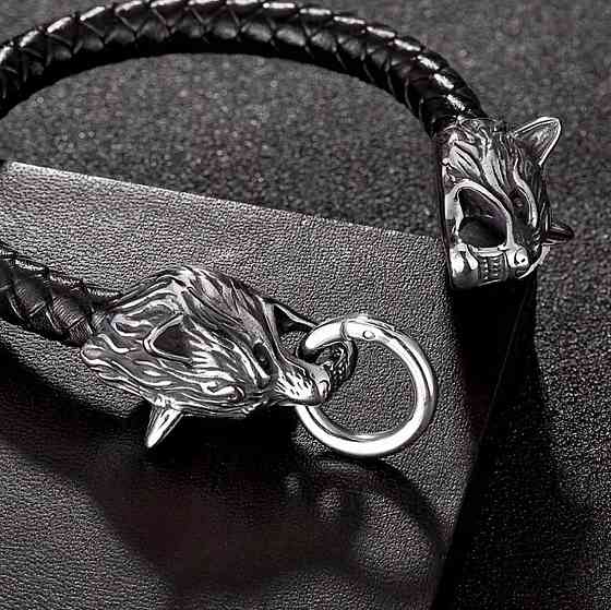 Мужской браслет с волками черный, плетеный браслет из искусственной кожи, массивный аксессуар Киев