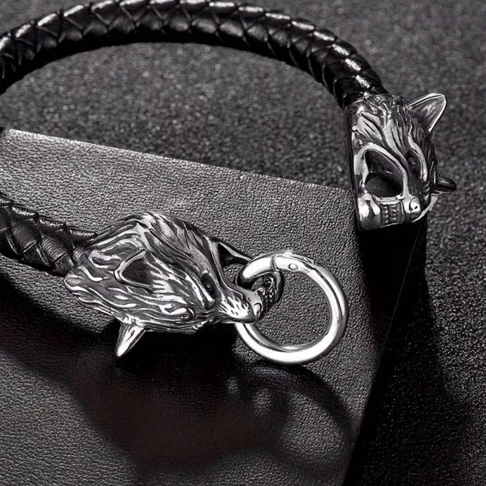 Чоловічий браслет з вовками чорний, плетений браслет зі штучної шкіри, масивний аксесуар Київ - фото 3