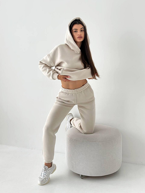 Женский спортивный теплый костюм оверсайз на флисе Светлый Бежевый L Харьков - изображение 2