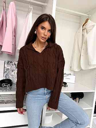Женский теплый базовый свитер с воротником поло 50% коттон / 50% акрил Шоколад Одесса