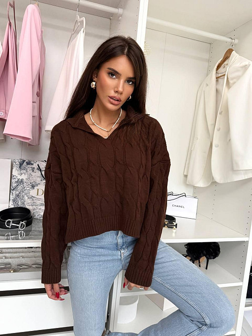 Женский теплый базовый свитер с воротником поло 50% коттон / 50% акрил Шоколад Одесса - изображение 4