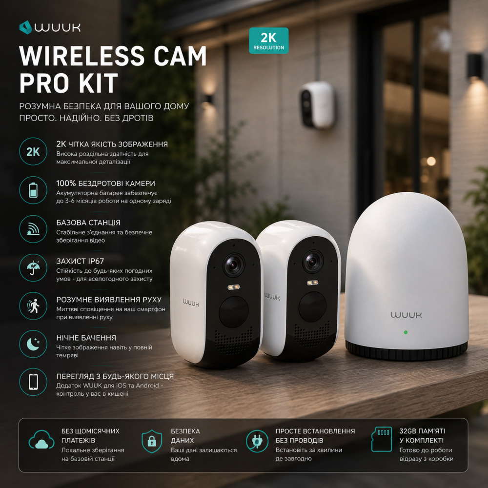 Уценка Комплект беспроводных камер видеонаблюдения WUUK 2K Cam Pro Kit Y0410 (2 камеры + базовая станция) Wi-Fi IP67 32GB Киев - изображение 1
