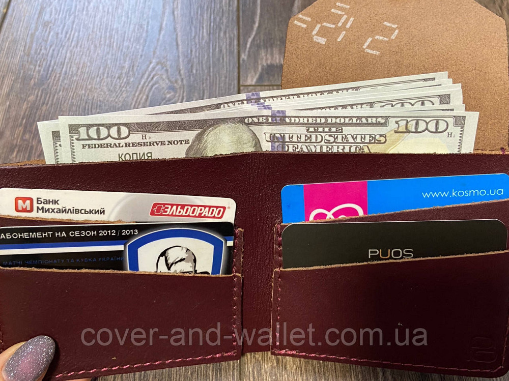 Компактний шкіряний гаманець ручної роботи бордового кольору Puos 545661 Київ - фото 4