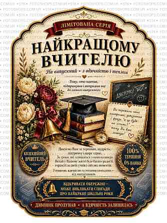 Етикетка на пляшку вина або ігристого для вчителя | Подарункова наліпка на пляшку | Етикетка та контретикетка для вчителя Одеса