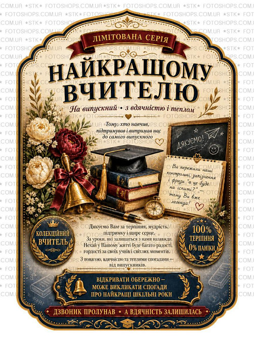 Етикетка на пляшку вина або ігристого для вчителя | Подарункова наліпка на пляшку | Етикетка та контретикетка для вчителя Одеса - фото 1