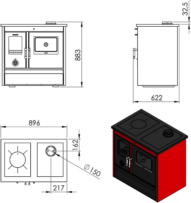Піч-кухня на дровах Hosseven Lotus Classic з духовкою та варильною поверхнею 12 кВт до 80 м2 опалювально-варильна піч Туреччина Тернопіль - фото 6