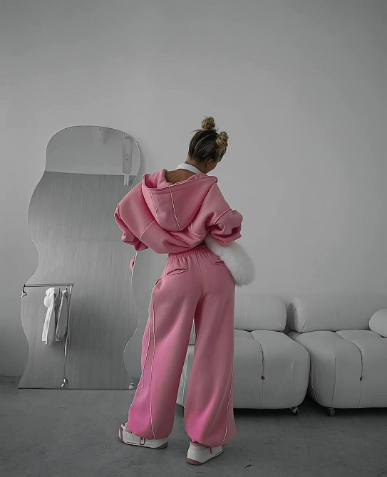 Женский теплый костюм двойка свободного кроя турецкая трехнить пенье с начесом Розовый, 46 Одесса - изображение 4