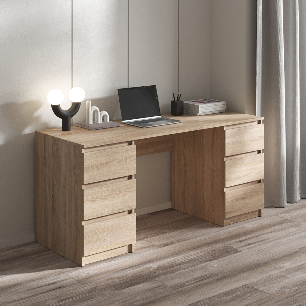 Комп’ютерний стіл VAYS R-2 Дуб Сонома, письмовий з 2 тумбами, 6 шухляд без ручок, ЛДСП 160×60×75 см – для дому, офісу, навчання Львів - фото 1