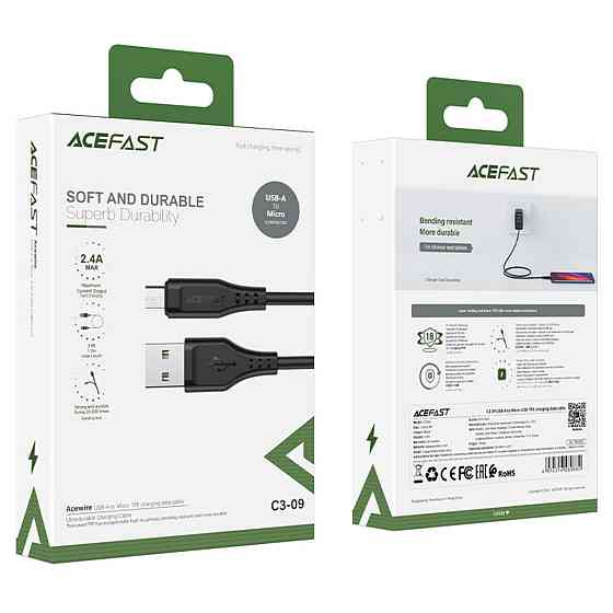 Кабель ACEFAST C3-09 USB to Micro 2,4A, 1.2m, TPE, TPE connectors, Black Київ