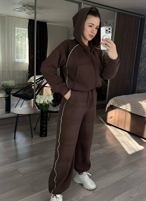 Женский теплый прогулочный костюм двойка с дабл флиса полар Шоколадный, 46/48 Одесса - изображение 1