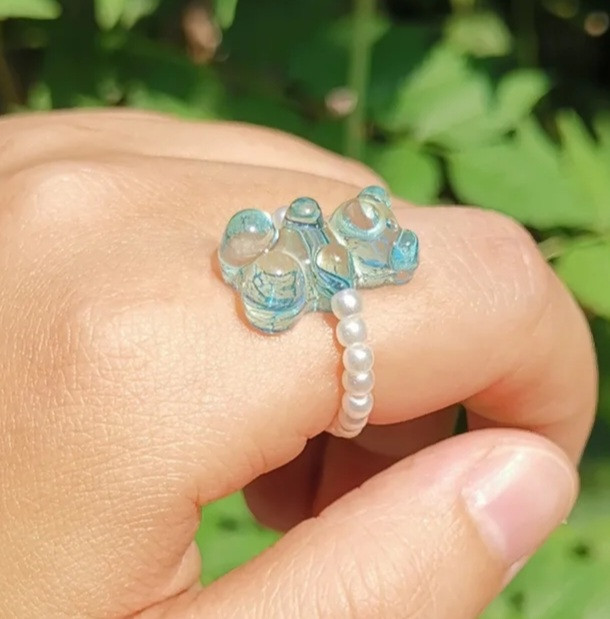 Кольцо с мишкой голубое с бусинками, размер универсальный Киев - изображение 1