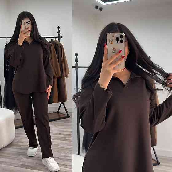 Жіночий стильний повсякденний костюм з V-вирізом двонитка Шоколад, 64/66 Одеса