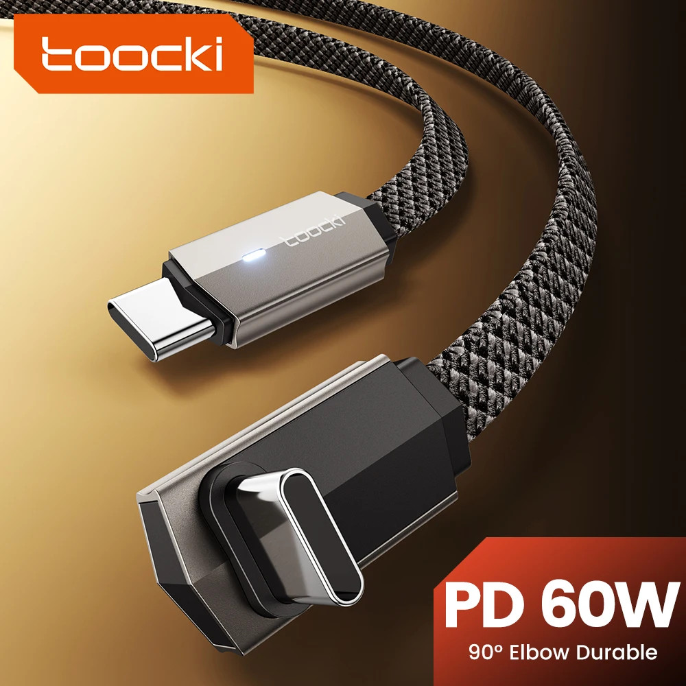 Кабель USB-C — USB-C 60W, міцний нейлоновий, швидка зарядка PD, металевий корпус, кутовий штекер + LED індикатор (1м) Николаев - изображение 1