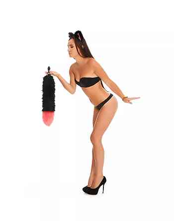 Анальний хутряний хвіст без пробки, Чорний з яскраво-рожевим кінчиком, OKOVA, 50 см. Sex Aura Київ