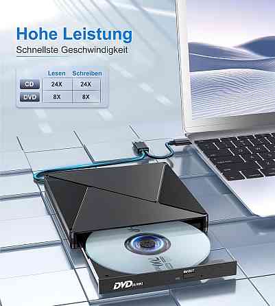 Внешний оптический привод Umaniy USB3.2 (USB-C) черный DVD±RW/CD±RW 24x CD 8x DVD Plug and Play для ноутбука и Киев