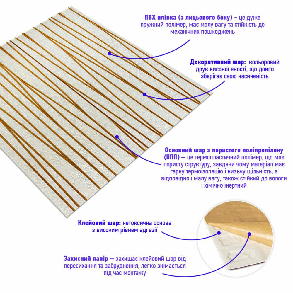 Самоклеящаяся 3D панель 700х700х5мм Золотые ленты (440) SW-00001184 Киев - изображение 2