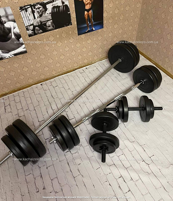 Лавка для жиму з тренажерами + 4 грифа + блінами 80 кг Гантелі, гирі, штанги та диски комплект Київ - фото 6
