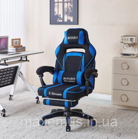 Компьютерное кресло для геймера из ткани с подставкой для ног и регулировкой спинки B-141 черно-синее Мостиска
