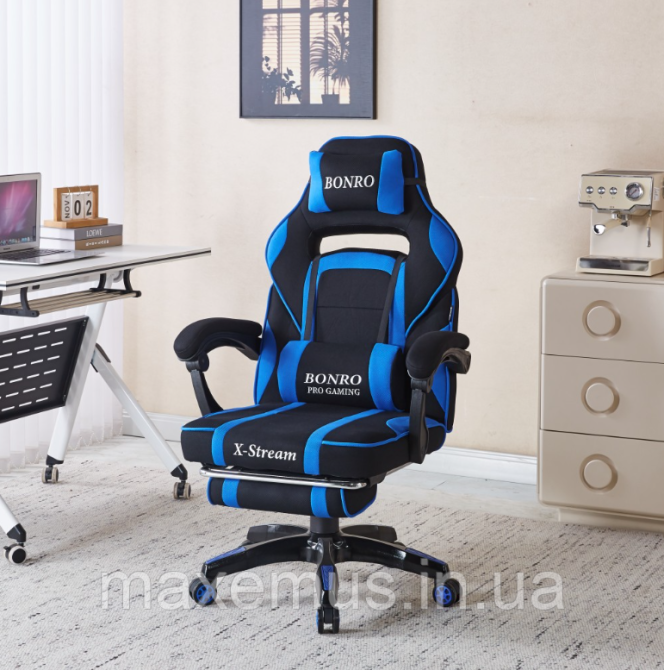 Компьютерное кресло для геймера из ткани с подставкой для ног и регулировкой спинки B-141 черно-синее Мостиска - изображение 1