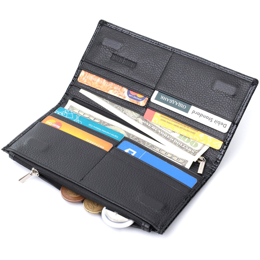 Лакированный тонкий кошелек с фактурой под рептилию из натуральной кожи ST Leather 22716 Черный Киев - изображение 5