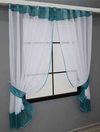 Кухонный комплект VR-Textil № 085к шторки с ламбрекеном белый с бирюзовым 280х170 см (52-0916) Киев