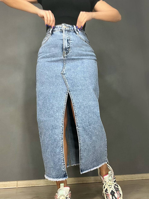 Юбка женская джинсовая Moss 502 длинная с бахромой разрез впереди стрейчевая голубая, голубой, 25, 25, 68 см, 95 см Киев - изображение 18