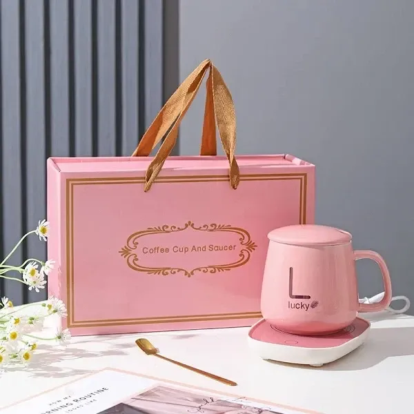 Чашка керамічна на підставці з підігрівом у подарунковій упаковці, в комплекті ложка та кабель, Рожева Одеса - фото 3
