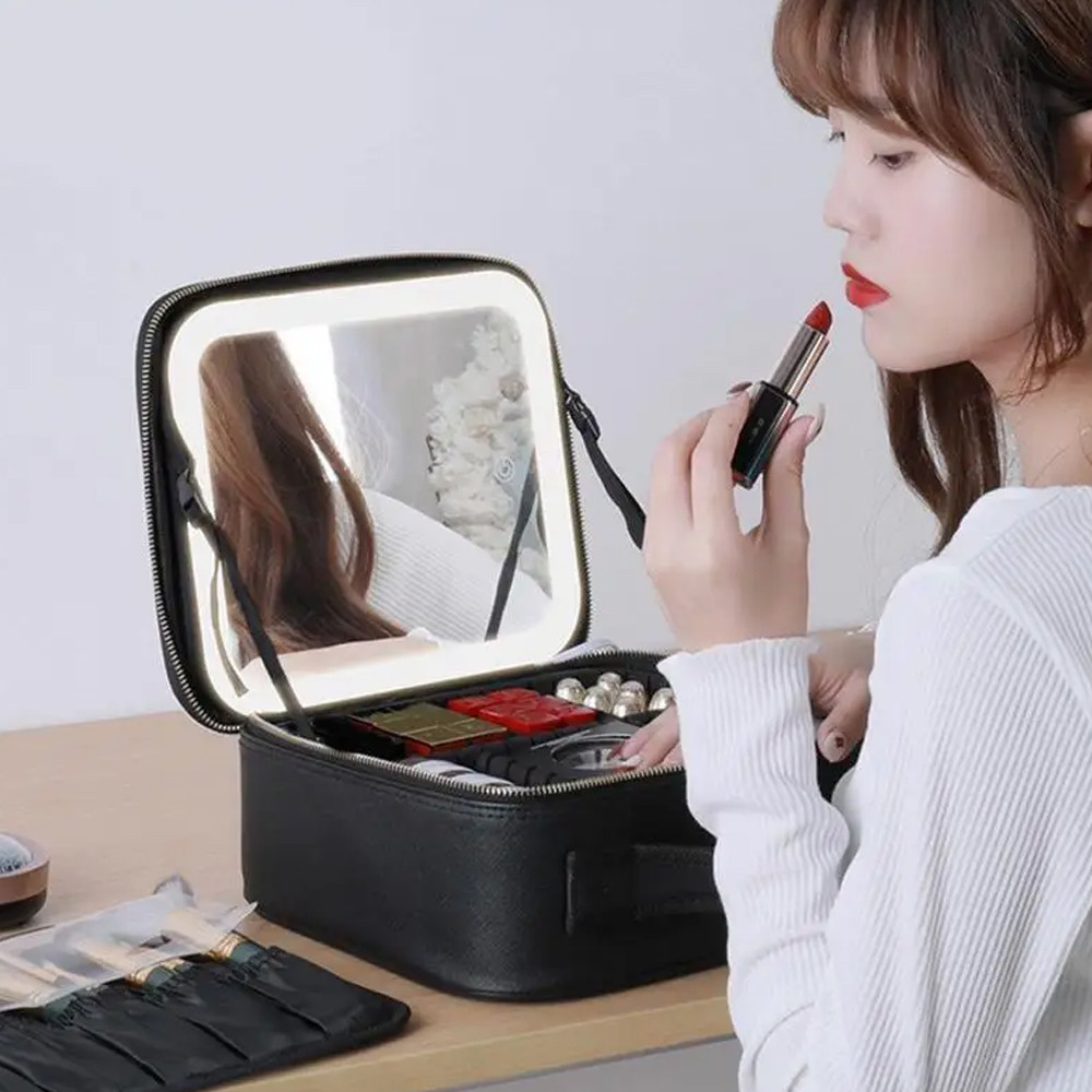 Косметичка дорожня з LED дзеркалом (26х23х11см), Чорна / Портативна косметичка-валіза / Органайзер для косметики Київ - фото 7