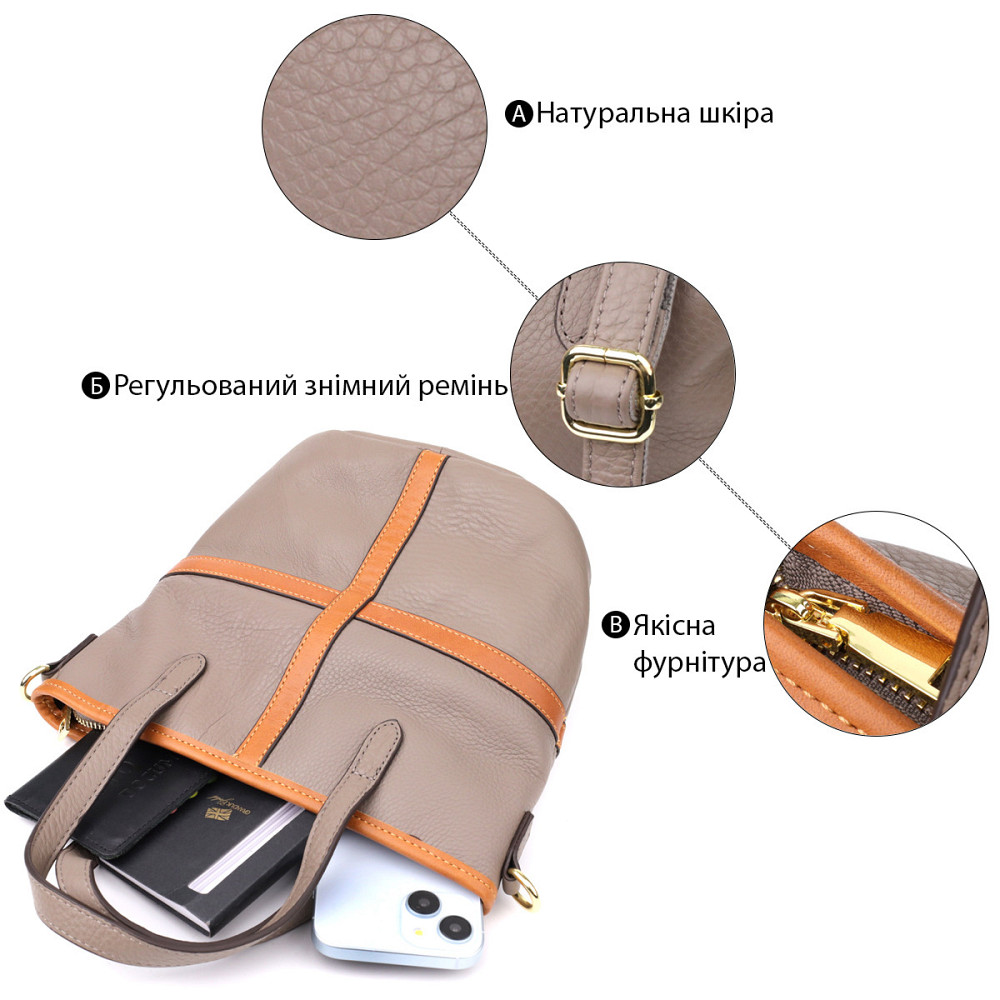 Практичная вместительная сумка из натуральной кожи для женщин Vintage 22998 Серый Киев - изображение 4