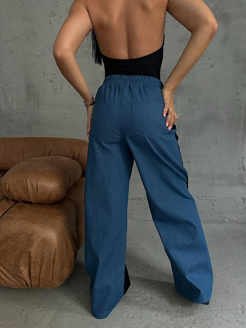 Женские стильные комбинированные брюки палаццо с лампасами плотный джинс + трехнитка петля пенье Одесса - изображение 4