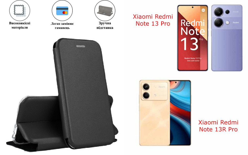 Чохол-книжка з силіконом для Xiaomi Redmi Note 13 Pro, 13R Pro, чорний Київ - фото 1