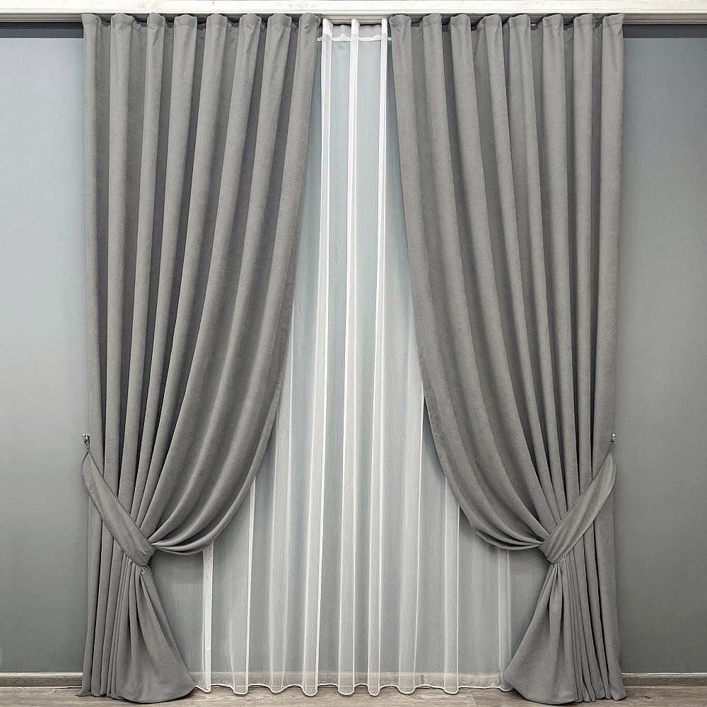 Комплект готових штор VR-Textil Мікровелюр Petek YL № 2012ш Сірий 150х290 см 2 шт (33-1020) Київ - фото 2