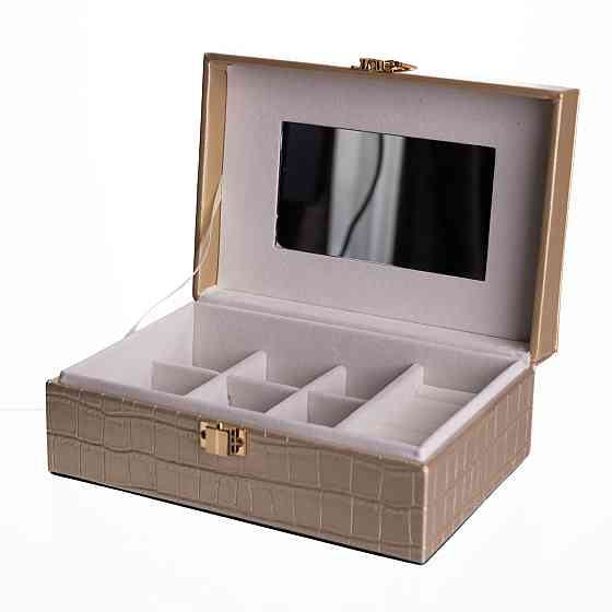 Скринька для прикрас з еко шкіри 10 відділень з дзеркалом 20×14×8 см Золотистий HP-5-19GOLD Коломыя