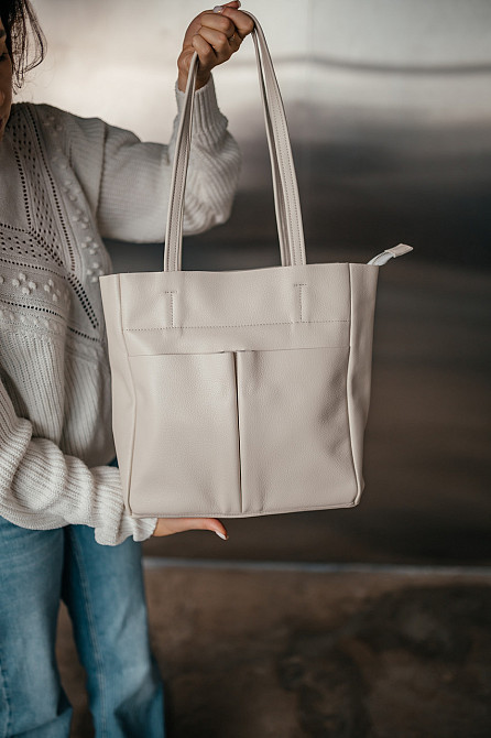 Сумка тоут женская кожаная большая Юта Бежевая 28*30*12 см, сумка шопер бежеваа стильная с карманамиMasterSem Киев - изображение 7