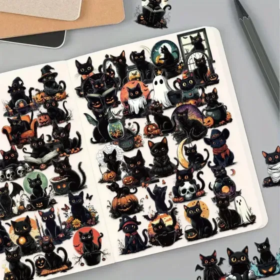 Набор наклеек «Черные кошки на Хэллоуин» – 50 шт. водостойких стикеров с тыквами, летучими мышами и привидениями Киев