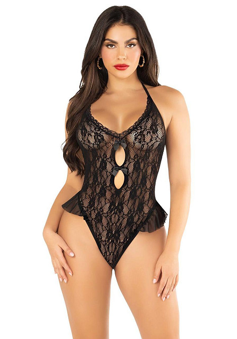 Боди Leg Avenue Lace Floral Lace Halter Teddy with Flutter Accent One Size, Black Sex Aura Киев - изображение 1