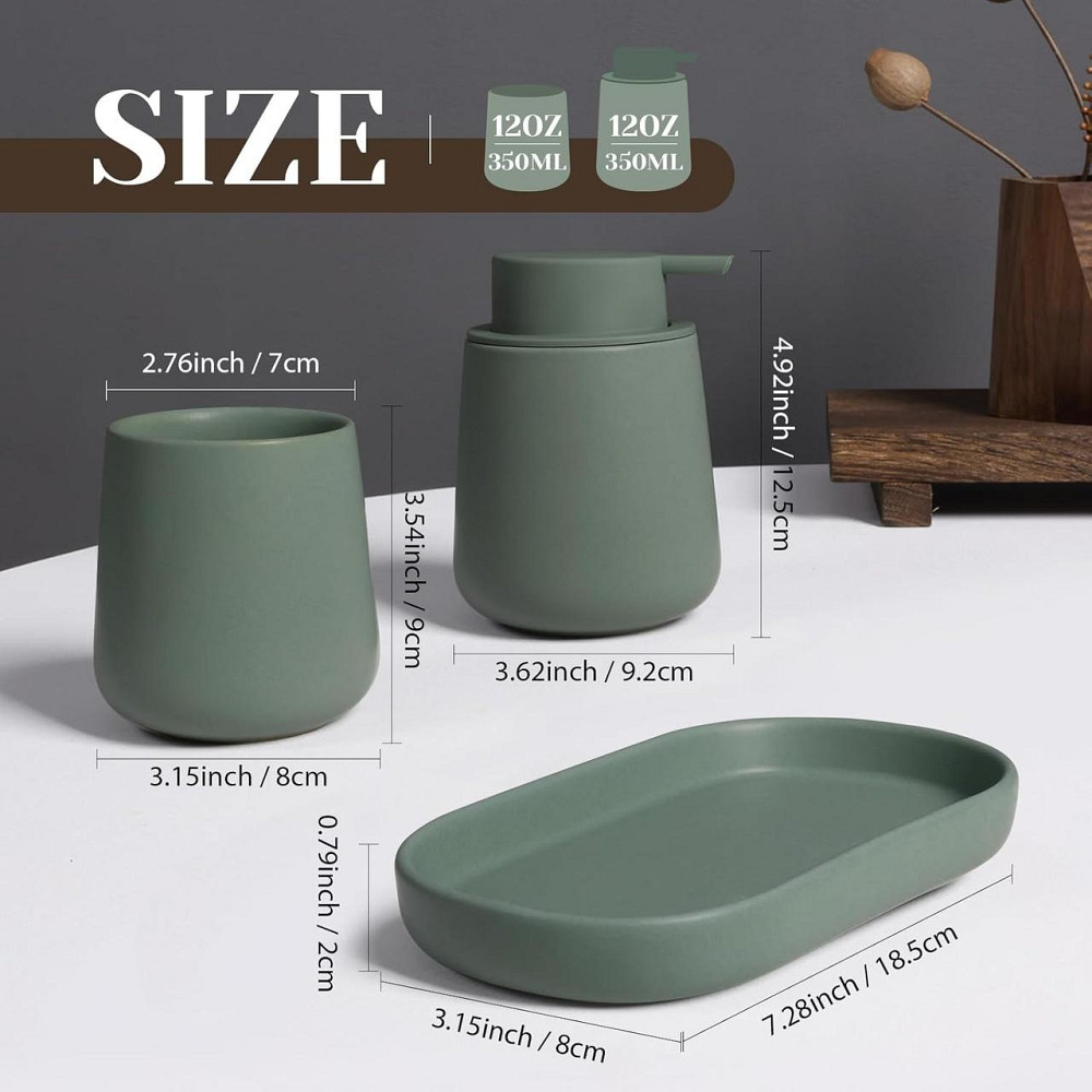 Набір аксесуарів для ванної 3 шт дозатор для мила 350 мл, стакан для щіток 320 мл, підставка для прикрас, зелений, кераміка Київ - фото 2