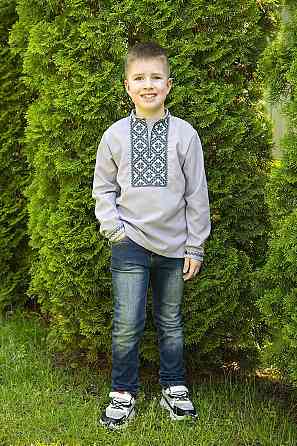 Вышиванка для мальчиков, с длинным рукавом, льняная, серя, 100% лён, топ 110 Киев