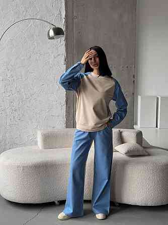 Жіночий ефектний комбінований костюм-двійка: кофта та штани джинс-котон + турецька двонитка Блакитний, 46/48 Одеса