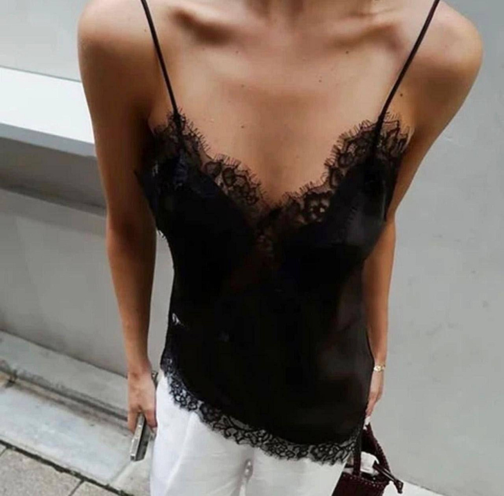 Жіночий романтичний привабливий шовковий топ із мереживом Чорний, 2XL-3XL Одеса - фото 4