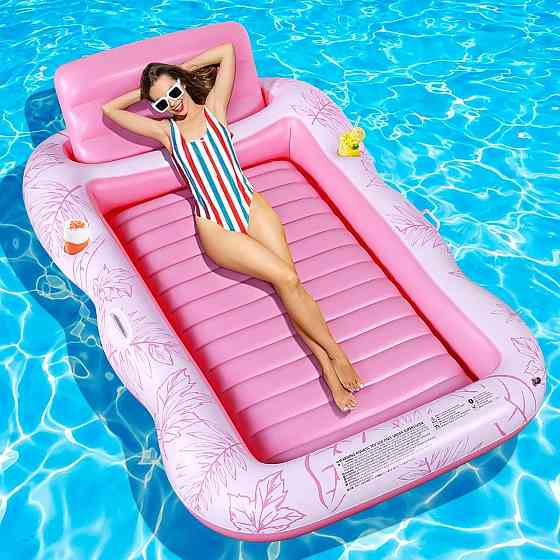 Надувний матрац Lounger Рожевий 206×125 см ПВХ 0.3мм до 160кг з підголівником та тримачем для стакана, надувний пліт для сонячних Київ