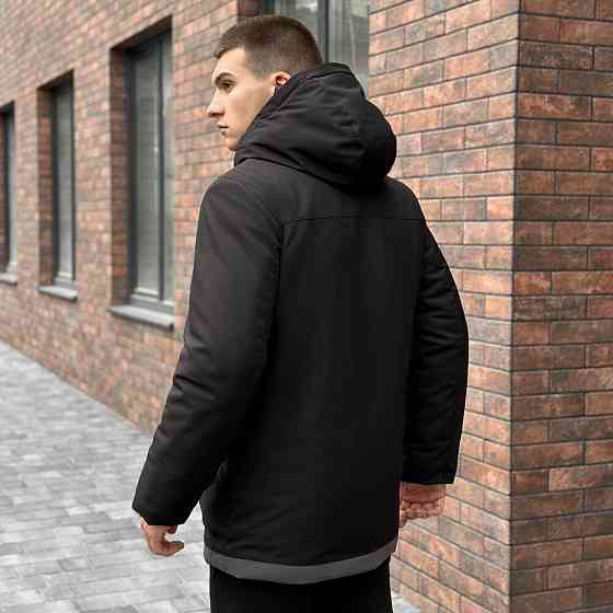 Парка чоловіча зимова з капюшоном чорно-сіра Pobedov Alpina Київ