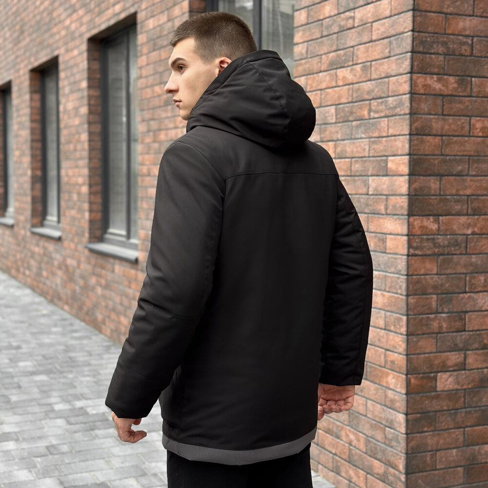 Парка чоловіча зимова з капюшоном чорно-сіра Pobedov Alpina Київ - фото 5