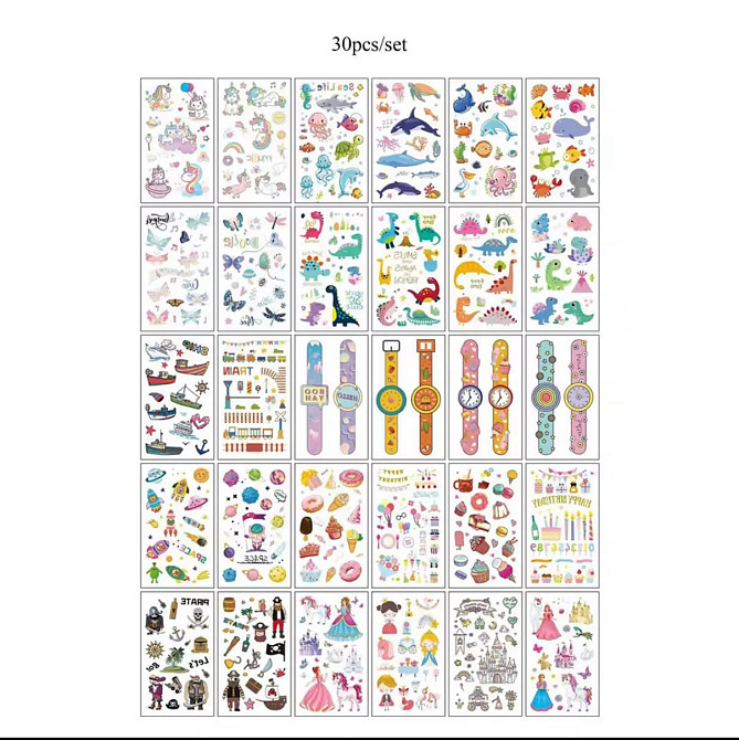 Набір дитячих тимчасових татуювань — 30 аркушів (6×10 см) принцеси, пірати, динозаври, солодощі, год Київ - фото 1