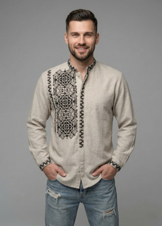 Мужская льняная вышиванка с черным орнаментом на пуговицах 56 Киев