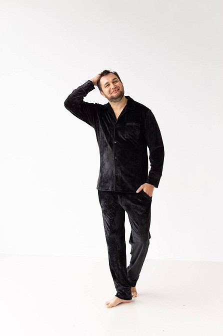 Піжама чоловіча велюрова на ґудзиках Чорний M Харків - фото 4