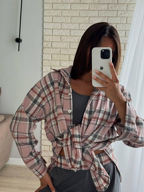 Женский прогулочный костюм тройка: рубашка в клетку топ и штаны фланель + двунитка Розовый, 42/44 Одесса - изображение 7