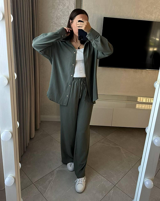 Жіночий базовий костюм-штани: сорочка та штани ролекс Сіро-зелений, 42/46 Одеса - фото 1