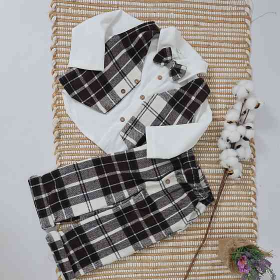 Святковий костюм для хлопчика теплий у коричневу карту (сорочка + жилетка + штани +метелик) 92 Кам'янець-Подільський