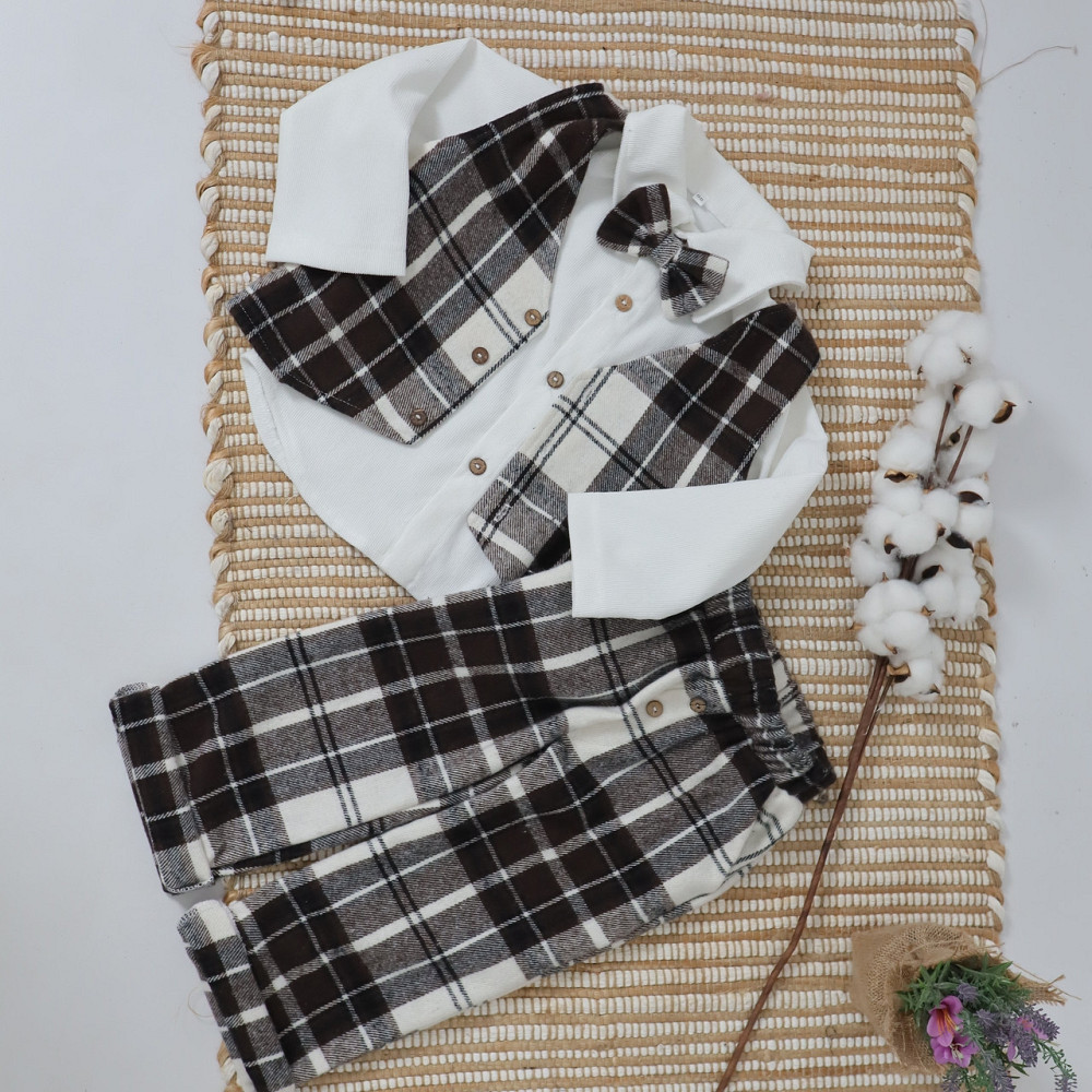 Святковий костюм для хлопчика теплий у коричневу карту (сорочка + жилетка + штани +метелик) 92 Кам'янець-Подільський - фото 2